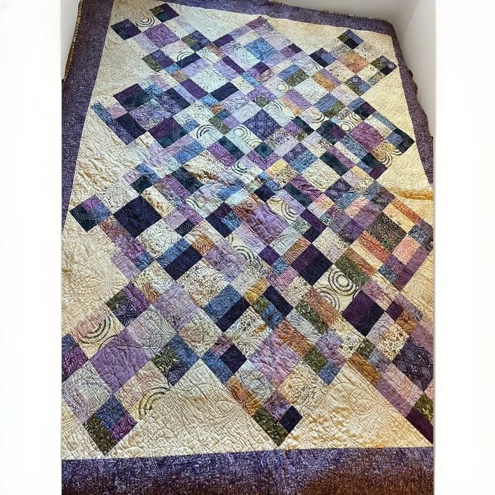 Cottage Core Hand Made QUILT Wall Hanging 75 X 58” Purple Napa Diamonds NEW